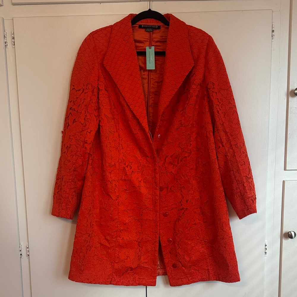 Anthropologie Vibrant Red Floral Trench Coat